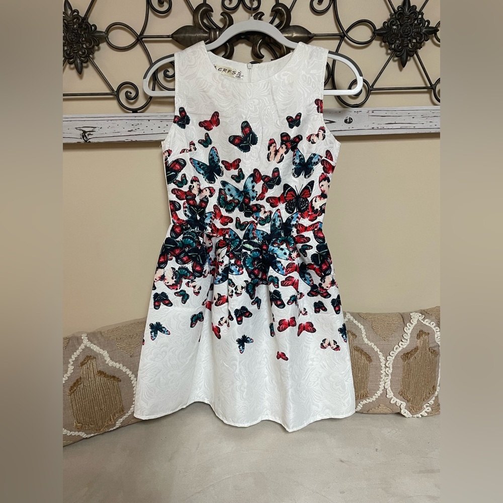 NWOT CRFS White Dress with Butterfly Design, Size Small